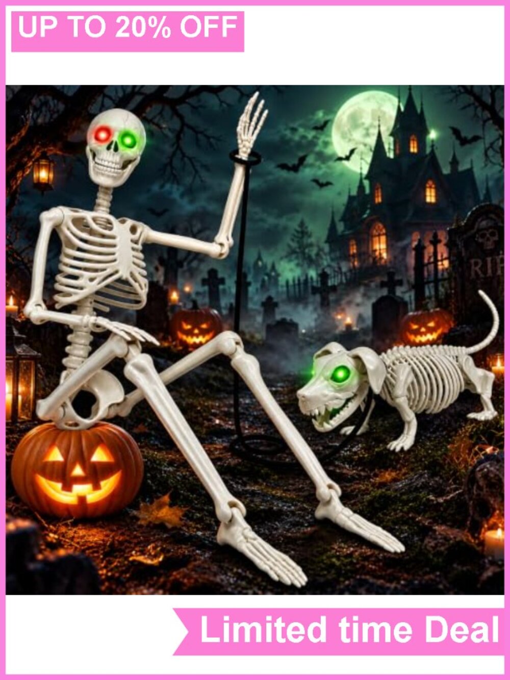 36" Halloween Skeleton Decoration with Dog Poseable Glowing Eyes